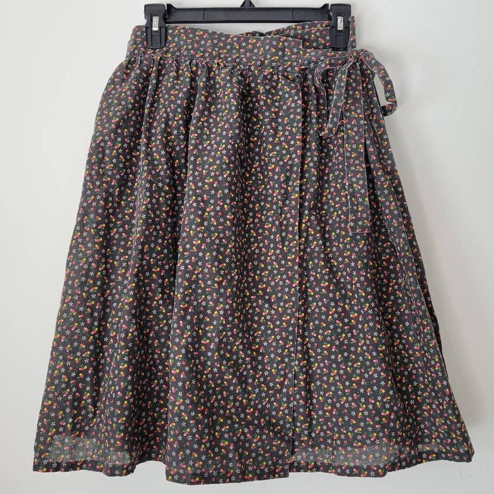 Handmade Cottagecore Cherry Print Wrap Midi Skirt Black Floral Fruit Print Tie
